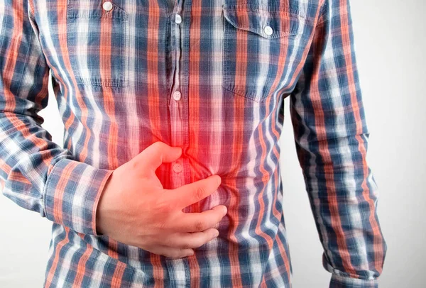 Man Holds His Stomach Pain Abdominal Cavity Concept Diseases Stomach — Stock Photo, Image