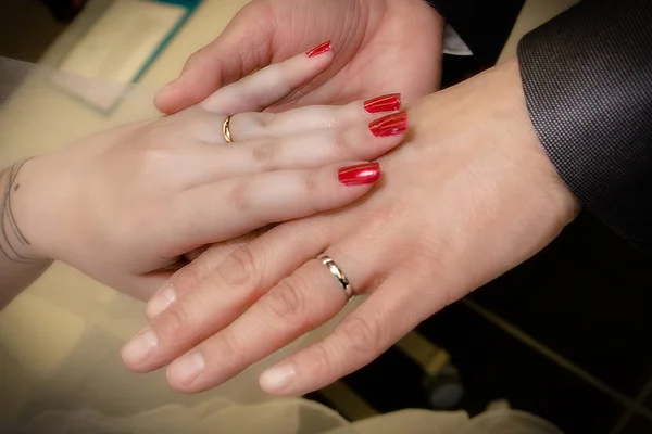 Cerrar las manos de la novia y el novio de poner en un anillo de bodas — Foto de Stock