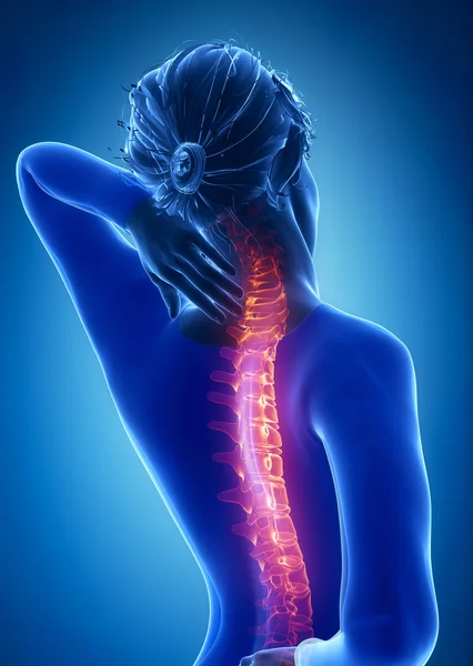 Woman has neck and back pain — Stock Photo, Image
