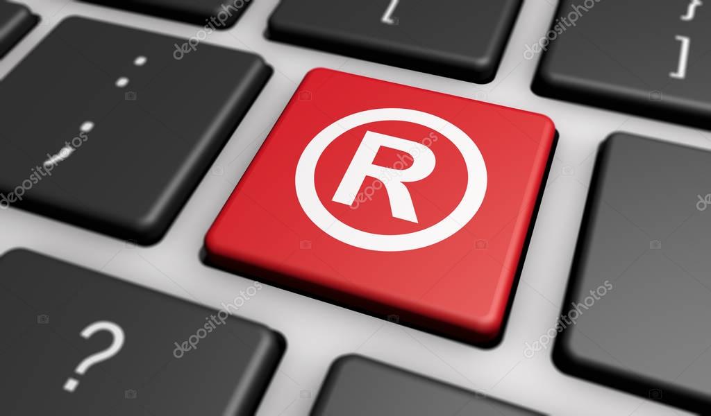Business registered trademark concept with symbol and icon on a red computer key 3D illustration.