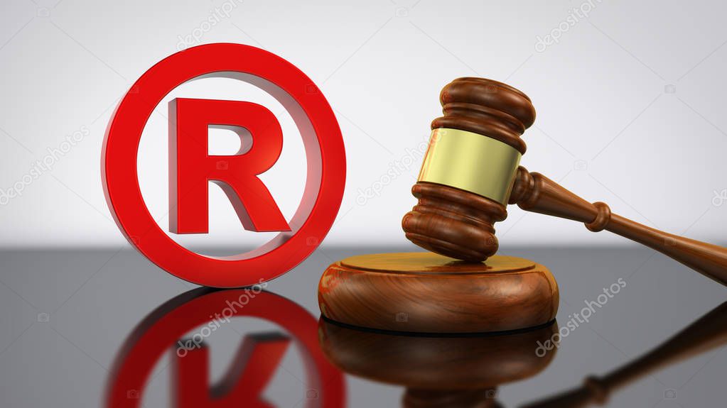 Registered trademark law and legal business concept with red trade mark symbol and gavel 3D illustration.