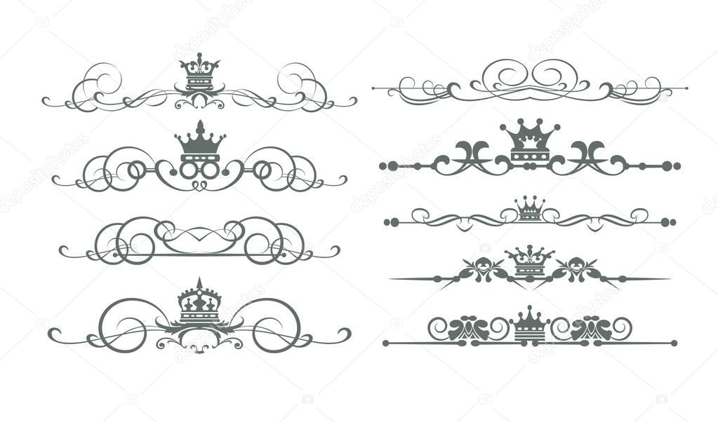 Set vintage elements for design. Vector signs and symbols for design. Large set old fashioned elements design for your project. Black and white color. Crowns, borders, swirl, rules, divider, scroll, wedding elements. Good for invitations, postcards
