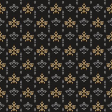 Kraliyet tarzı tasarımınız için kusursuz duvar kağıdı arka planı. Görüntünün renkleri: siyah, gümüş, altın. Vektör.