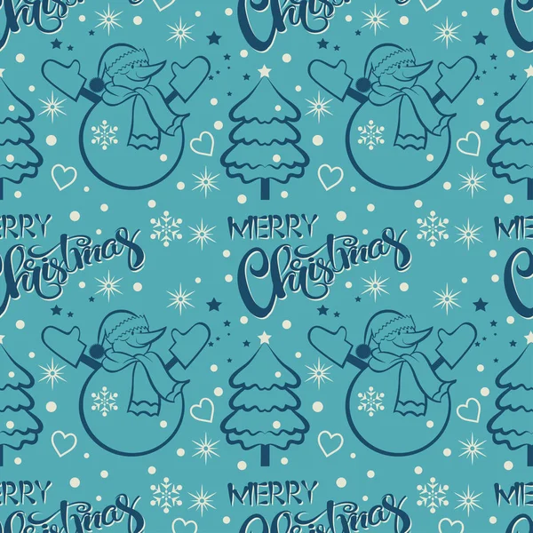 クリスマスのシームレスなパターン クリスマスツリーと星とメリー雪だるま ベクトル — ストックベクタ