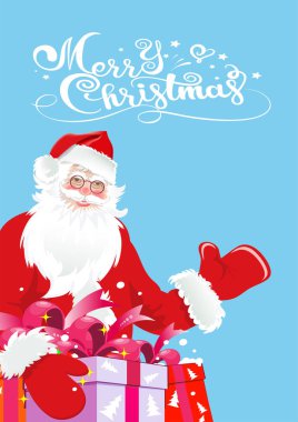 Noel kartı. Kırmızı arka planda hediyeleri olan mutlu Noel Baba. El yazısıyla yazılmış Mutlu Noeller. Vektör.