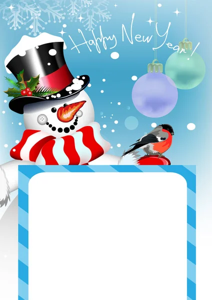 クリスマスカードあなたのテキストのためのブルフィンチ鳥と空白のポスターと幸せな雪だるま ベクトル画像 — ストックベクタ