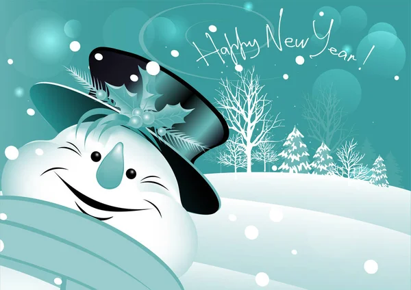 Χριστουγεννιάτικη Κάρτα Ρετρό Στυλ Ευτυχισμένος Χιονάνθρωπος Χειμωνιάτικα Δέντρα Ευτυχισμένο Νέο — Διανυσματικό Αρχείο