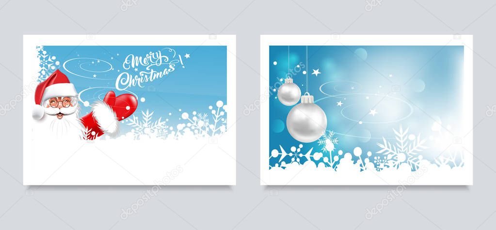 Christmas cards for your design. Two images with Christmas balls and Santa Claus for holiday and New Year decoration. Vector graphics.