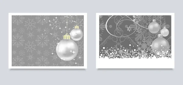 Christmas Cards Banners Your Design Two Images Silver Balls Gray — Stock Vector