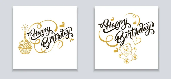 生日快乐 两个矢量模板在复古风格的生日庆祝活动 黑色文字和金色装饰 — 图库矢量图片