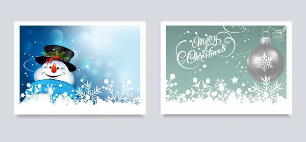 Des Cartes Noël Bonhomme Neige Heureux Sur Fond Bleu Boule — Image vectorielle