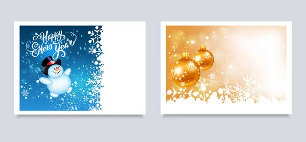 Weihnachtskarten Glücklicher Schneemann Auf Blauem Hintergrund Und Weihnachtskugeln Auf Goldenem — Stockvektor