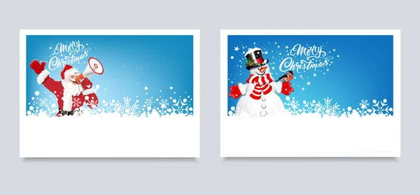 Χριστουγεννιάτικες Κάρτες Άγιος Βασίλης Ένα Μεγάφωνο Και Χαρούμενος Χιονάνθρωπος Πουλί — Διανυσματικό Αρχείο