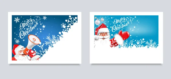Świąteczne Kartki Święty Mikołaj Megafonem Szczęśliwy Mikołaj Niebieskim Tle Dwa — Wektor stockowy