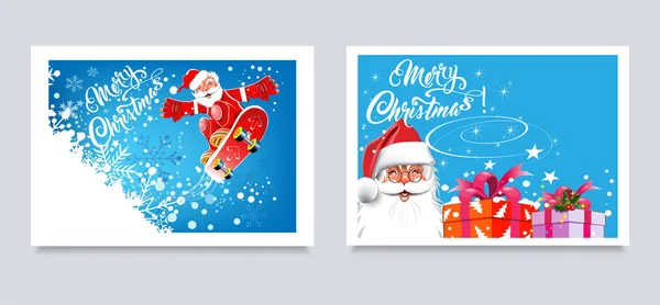 Weihnachtskarten Fröhliche Weihnachtsmänner Auf Dem Skateboard Und Weihnachtsmänner Mit Geschenken — Stockvektor