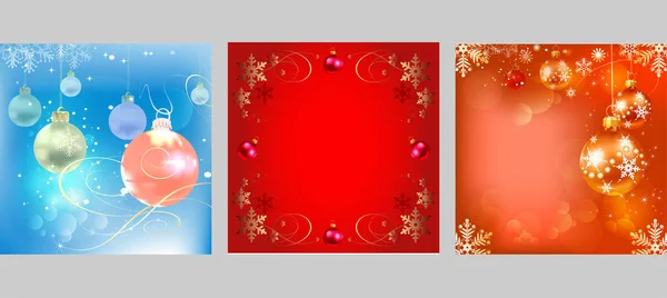 Trzy Kartki Świąteczne Tapety Tle Złotymi Zabawkami Świątecznymi Dla Twojego — Wektor stockowy