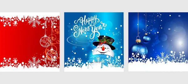 Joyeux Noël Cartes Voeux Avec Boules Noël Bonhomme Neige Heureux — Image vectorielle