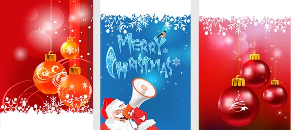 Frohe Weihnachten Grußkarten Mit Weihnachtskugeln Und Fröhlichem Weihnachtsmann Drei Vorlagen — Stockvektor