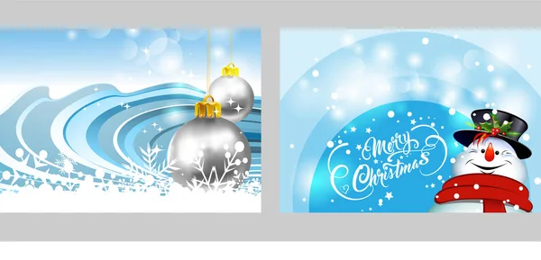 Καλά Χριστούγεννα Ευχετήριες Κάρτες Χριστουγεννιάτικες Ασημένιες Μπάλες Και Χαρούμενο Χιονάνθρωπο — Διανυσματικό Αρχείο