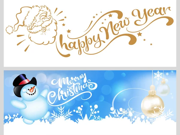 圣诞快乐 新年快乐 横幅为您的设计 两个卡通风格的模板 圣诞老人和可爱的雪人 圣诞卡 矢量图形 — 图库矢量图片