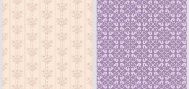 İki kusursuz bağ bozumu. Arka plan, duvar kağıdı dokusu. Kalıp renkleri: bej, mor. Vektör illüstrasyonu.