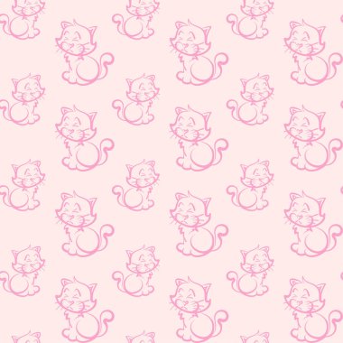 Çizgi film tarzında kusursuz kedi deseni. Duvar kağıdı dokusu. Kusursuz bir arka plan modeli. Görüntünün rengi: pembe, beyaz. Vektör illüstrasyonu.