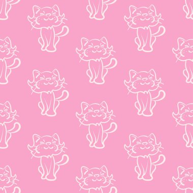 Çizgi film tarzında kusursuz kedi deseni. Parmak izi tasarımı için şablon. Duvar kağıdı dokusu. Kusursuz bir arka plan modeli. Görüntünün rengi: pembe, beyaz. Vektör.