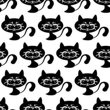 Çizgi film tarzında kusursuz kedi deseni. Parmak izi tasarımı için şablon. Duvar kağıdı dokusu. Kusursuz bir arka plan modeli. Resimdeki renk: siyah, beyaz.
