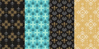 Kusursuz desenler, 4 arka plan seti. Klasik tarzda dekoratif desenler. Görüntüdeki renkler: siyah, altın, yeşil, gümüş. Vintage kalıpları, vektör grafikleri.