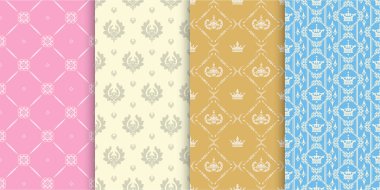 Seamless patterns - wallpaper. Set of 4 backgrounds. Decorative patterns in retro style. Colors in the image: gold, pink, white, blue. Vintage patterns, vector illustration.