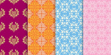 4 tane pürüzsüz arkaplan the 124; geometrik desen the 124; damaske duvar kağıdı the 124; renkler: Pembe, turuncu, mavi, mor the 124; vektör kümesi