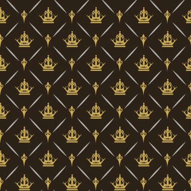Koyu ve pürüzsüz desen. Kraliyet tarzında arkaplan modeli. Tekstil tasarım dokusu. Altın rengi. Paketleme kağıdı tasarımı. Vektör resmi