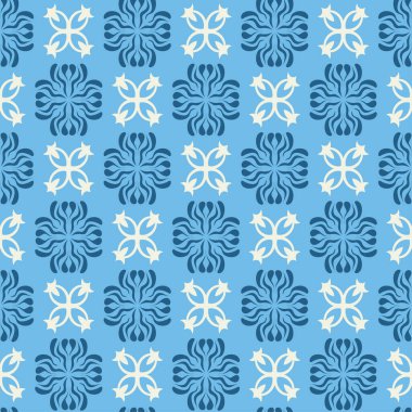 Dekoratif kusursuz desen. Modern model arka planı. Tekstil tasarım dokusu. Mavi renk. Paketleme kağıdı tasarımı. Vektör resmi.