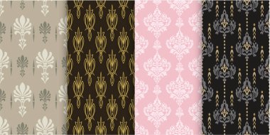 Vector seamless pattern. Set of background wallpaper in Chinese Japanese style. Colors: black, gold, pink, beige
