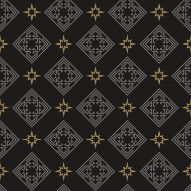 Dark Geometric Pattern | Modern Background Vector In Asian Style | Colors: Black, Gold, Silver | Seamless Wallpaper For Interior Design