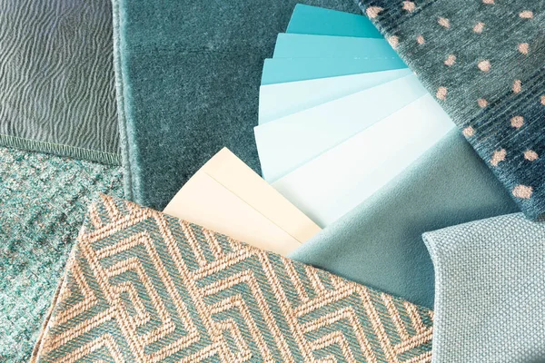 Plan Decoración Interior Teal Con Muestras Tela Muestras Pintura — Foto de Stock