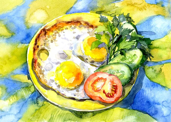 美味的静物蔬菜和鸡蛋。水彩画。说明 — 图库照片