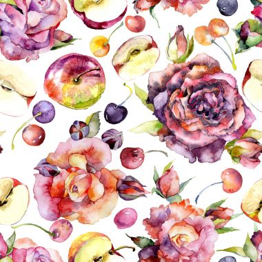 Kırmızı gül, olgun elma ve sulu kiraz. Desen. Suluboya. İllüstrasyon