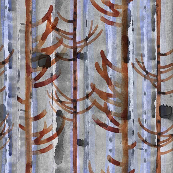 Decoratieve naadloze collage. Pine, dikke, mysterieuze, fantastisch, Sprookjesbos. Birch Grove. Aquarel. illustratie — Stockfoto