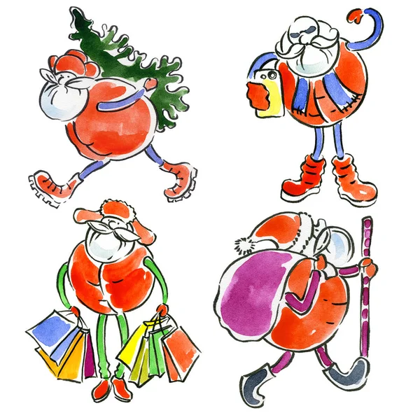 Vrolijk, gelukkig, familie vakantie Nieuwjaar. Winter, langverwachte, gezellige kerst. De Kerstman geeft cadeautjes. De Kerstman brengt snoep. Aquarel. Illustratie — Stockfoto