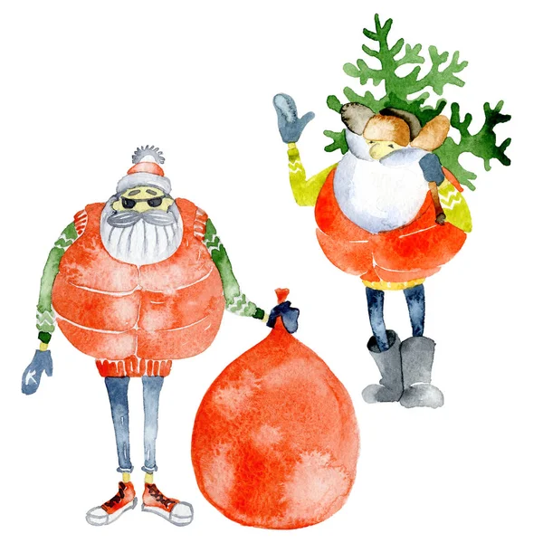 Feliz, feliz, vacaciones familiares año nuevo. Invierno, tan esperada y acogedora Navidad. Papá Noel da regalos. Papá Noel trae dulces. Acuarela. Ilustración — Foto de Stock