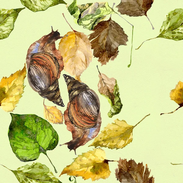 Скользкая, влажная, мокрая улитка в осенних листьях ползает. Акварель. Иллюстрация — стоковое фото