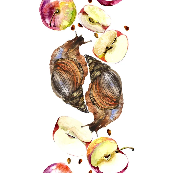 Gladde, natte, vochtige slak in herfst bladeren en rijpe appels kruipt. Aquarel. Illustratie — Stockfoto