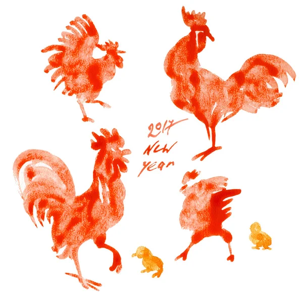 Símbolo de Año Nuevo. Polla de fuego. Acuarela. Ilustración — Foto de Stock