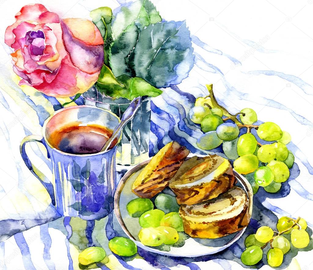 Mediterranean breakfast. Women's Day. Watercolor. Illustration