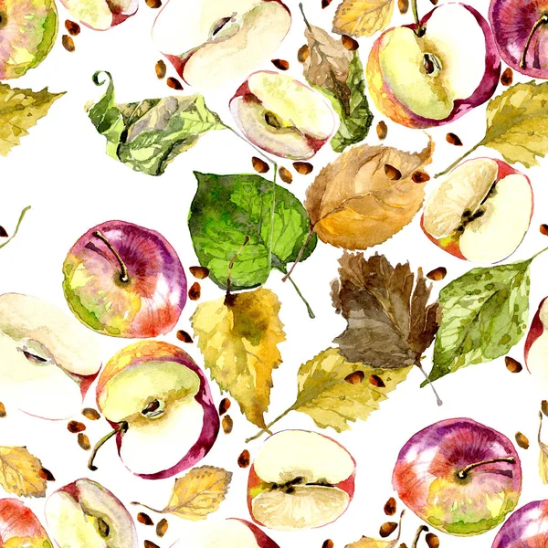 Pommes mûres, délicieuses et parfumées sur les feuilles d'automne. Aquarelle. Illustration — Photo