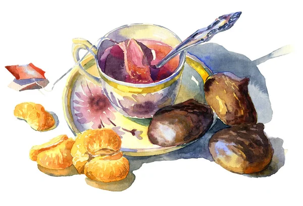 Sweet frukost med te, marshmallow och mandariner. Akvarell — Stockfoto