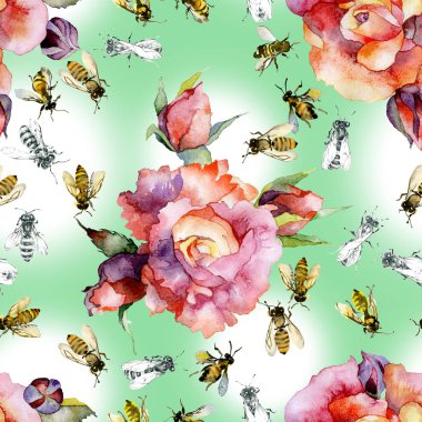 Güzel, kırmızı, dekoratif, bahçe çiçekleri gül ve bal, yaz, rustik, yabani, böcek arılar. Suluboya. Illüstrasyon