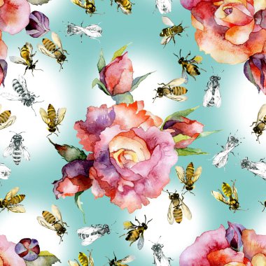 Güzel, kırmızı gül ve tatlım, yaz arılar. Suluboya. İllüstrasyon