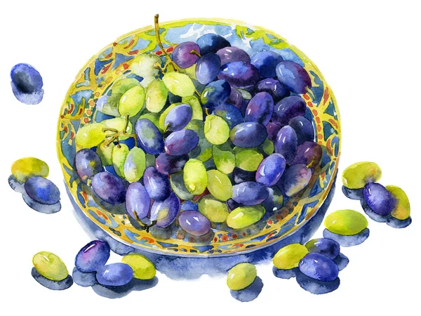 Une assiette avec de délicieux raisins du sud, mûrs, parfumés. Aquarelle. Illustration — Photo